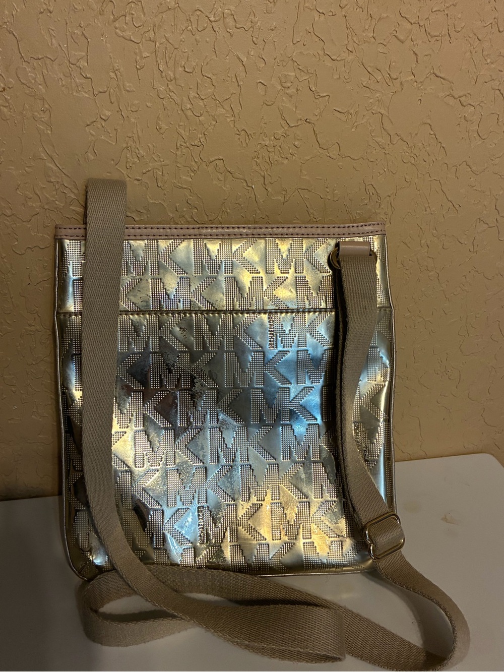 Michael Kors Slim Shiney Gold Crossbody With Canvas Strap